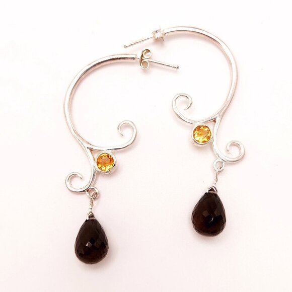 Citrine and Brown Topaz Teardrop Drop 925 Sterling Silver Scroll Work Earrings - Picture 2 of 4
